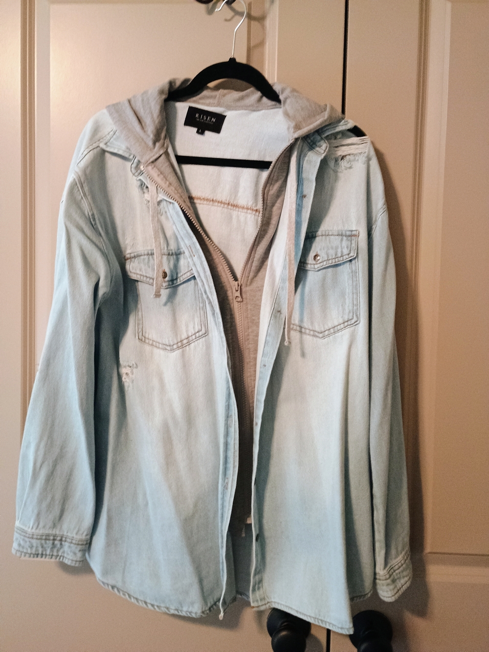 Risen Light Blue Denim Shirt with Gray Attached Hood